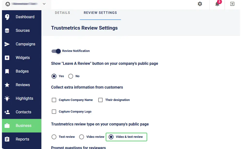 Trustmetrics Review Type on Your Company's Public Page